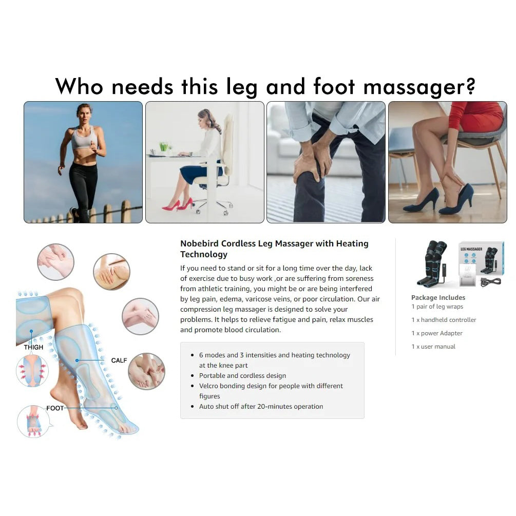 Foot air pressure leg massager promotes blood circulation, body massager, muscle relaxation, lymphatic drainage device 360°
